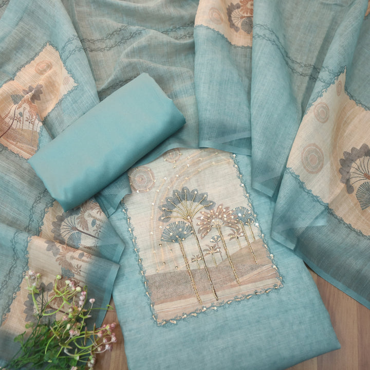 Deewana Ocean Blue Embellish Moti Neck with Knot Detailing Cotton Linen Set