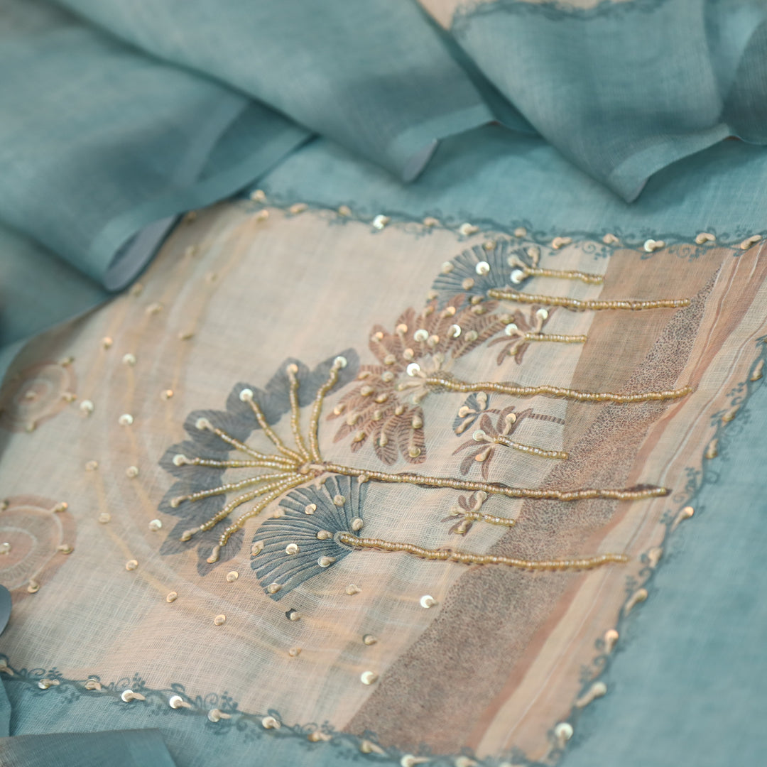 Deewana Ocean Blue Embellish Moti Neck with Knot Detailing Cotton Linen Set