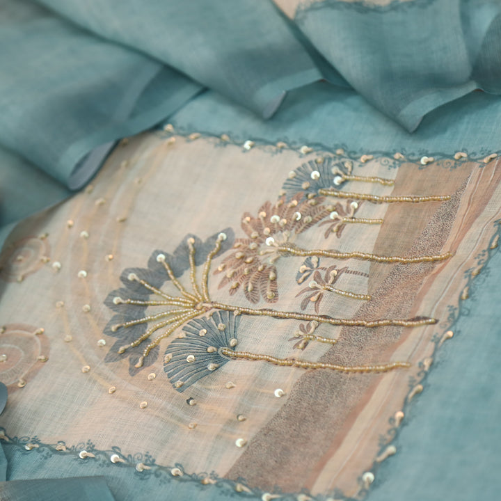 Deewana Ocean Blue Embellish Moti Neck with Knot Detailing Cotton Linen Set