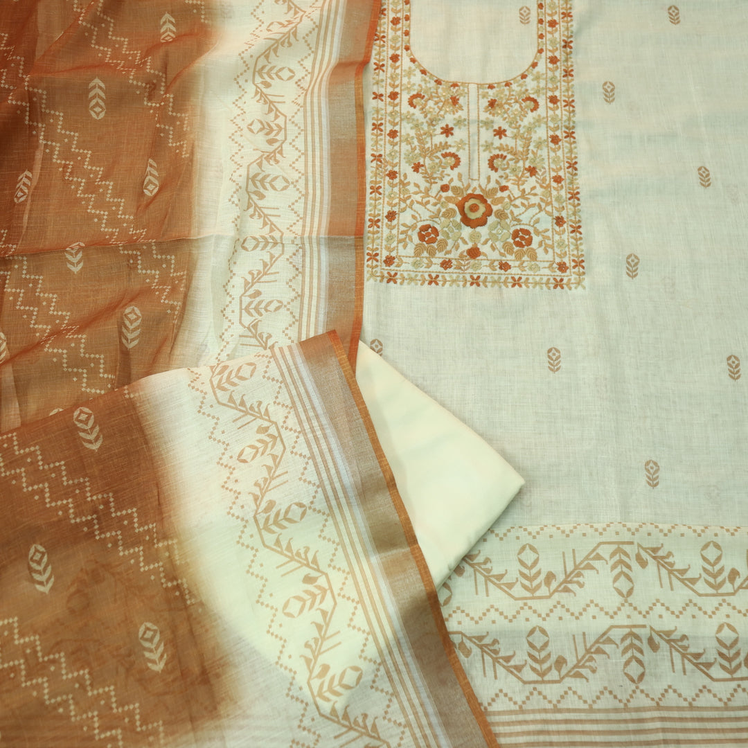 Masumi Beige with Orange Thread Embroidered Neck Work Printed Cotton Linen Set