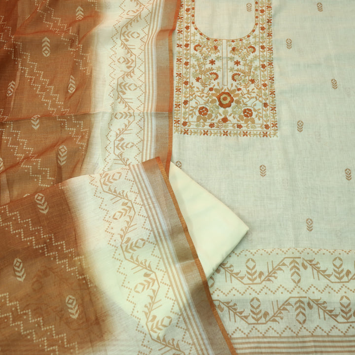 Masumi Beige with Orange Thread Embroidered Neck Work Printed Cotton Linen Set
