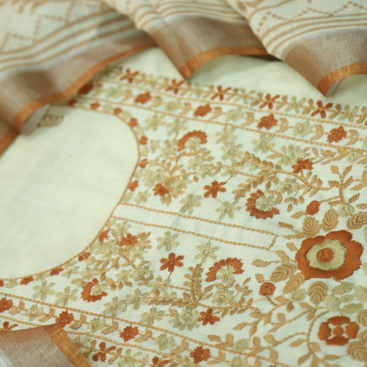 Masumi Beige with Orange Thread Embroidered Neck Work Printed Cotton Linen Set