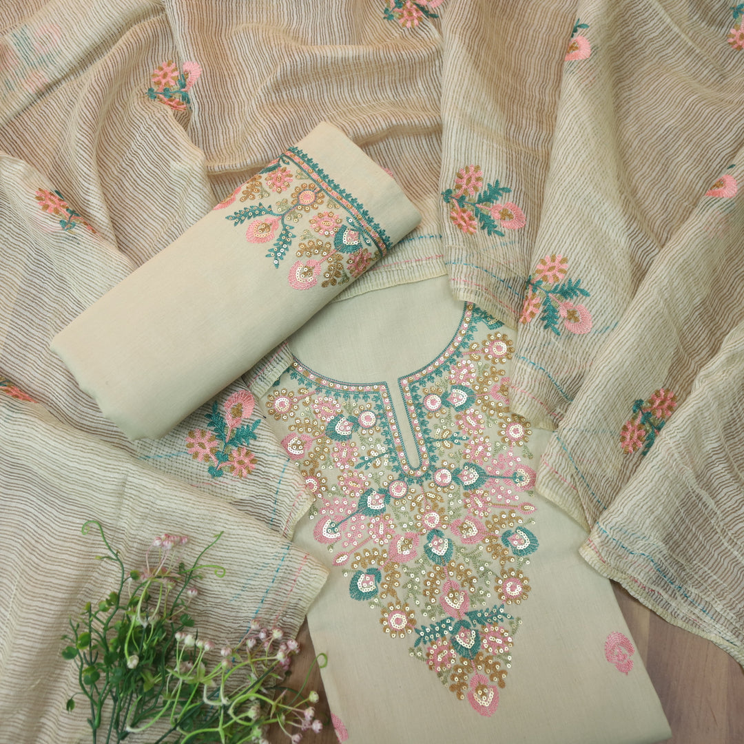 Sundara Bru Beige Floral Aari Work Neck with Sequin Cotton Suit Set