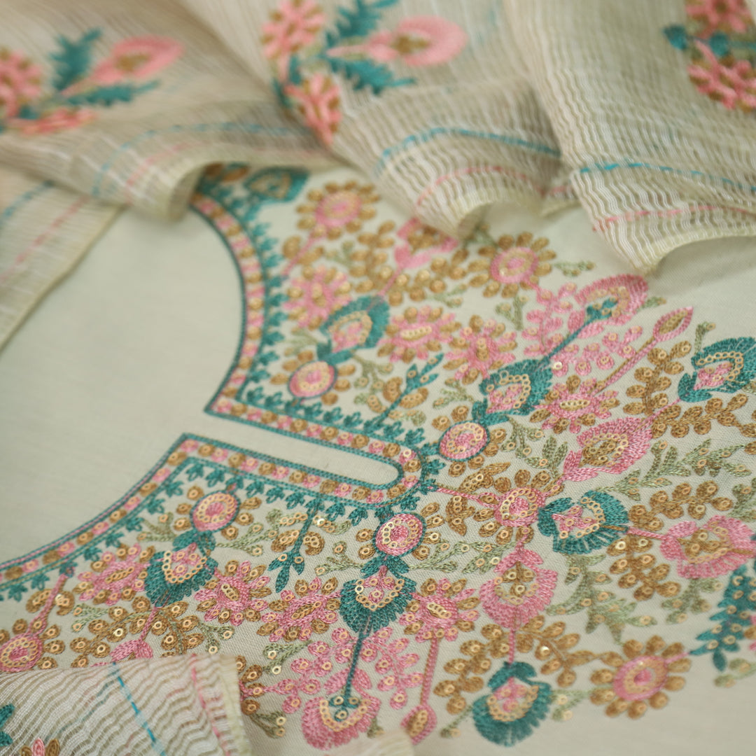 Sundara Bru Beige Floral Aari Work Neck with Sequin Cotton Suit Set