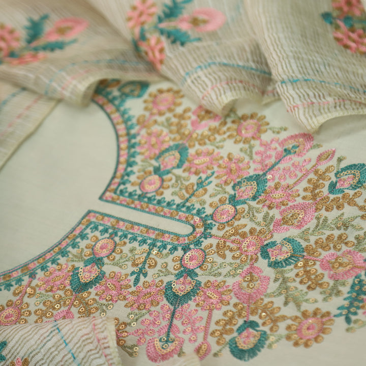Sundara Bru Beige Floral Aari Work Neck with Sequin Cotton Suit Set