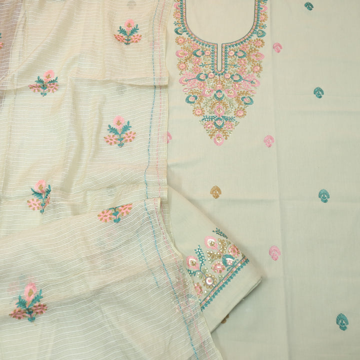 Sundara Bru Beige Floral Aari Work Neck with Sequin Cotton Suit Set