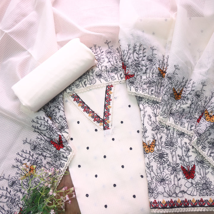 Pankhudi Cream White V Neck All Over Thread Embriodered Kota Doriya Suit Set
