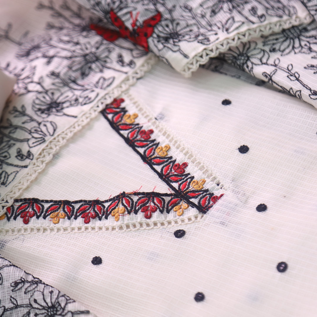 Pankhudi Cream White V Neck All Over Thread Embriodered Kota Doriya Suit Set