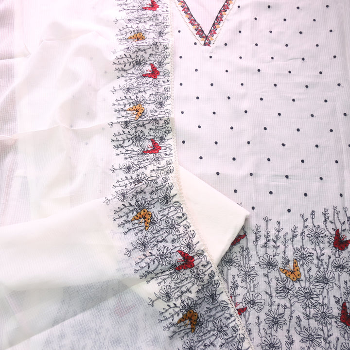 Pankhudi Cream White V Neck All Over Thread Embriodered Kota Doriya Suit Set