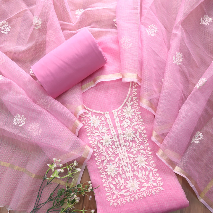 Raashi Flamingo Pink Moti Work with Thread Neck Kota Doriya Suit Set D3