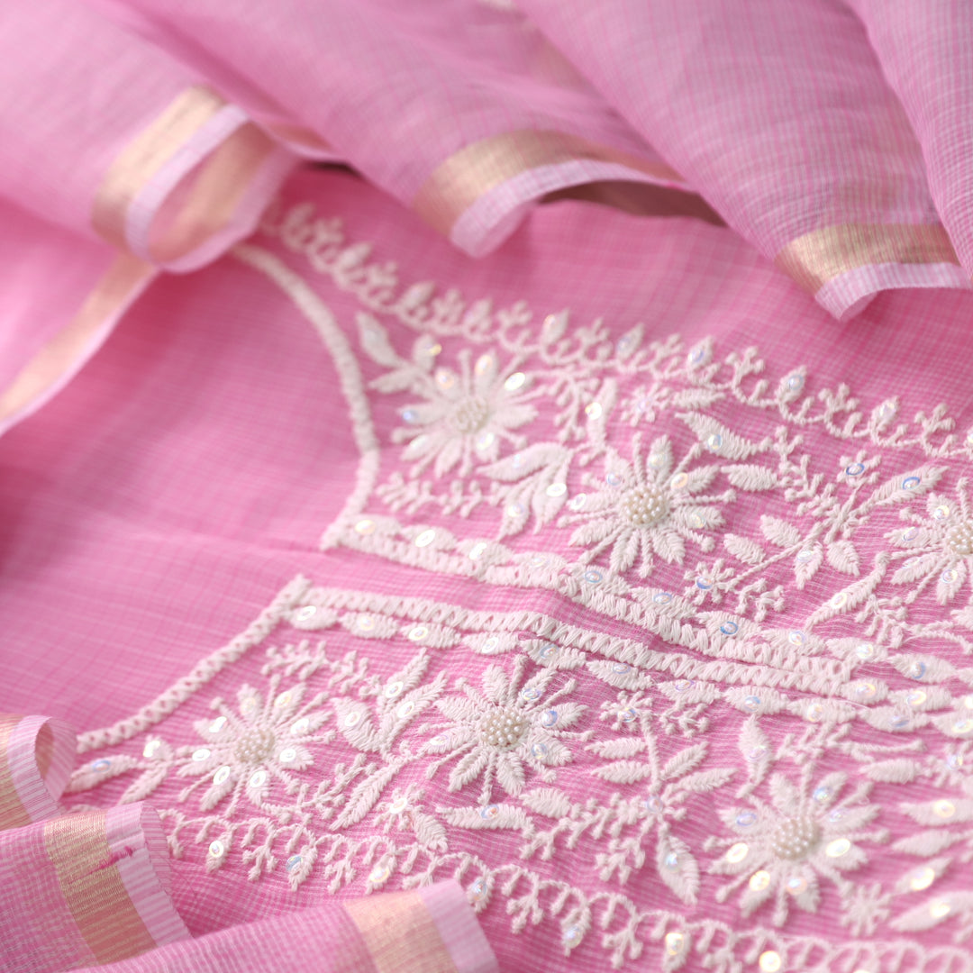 Raashi Flamingo Pink Moti Work with Thread Neck Kota Doriya Suit Set D3