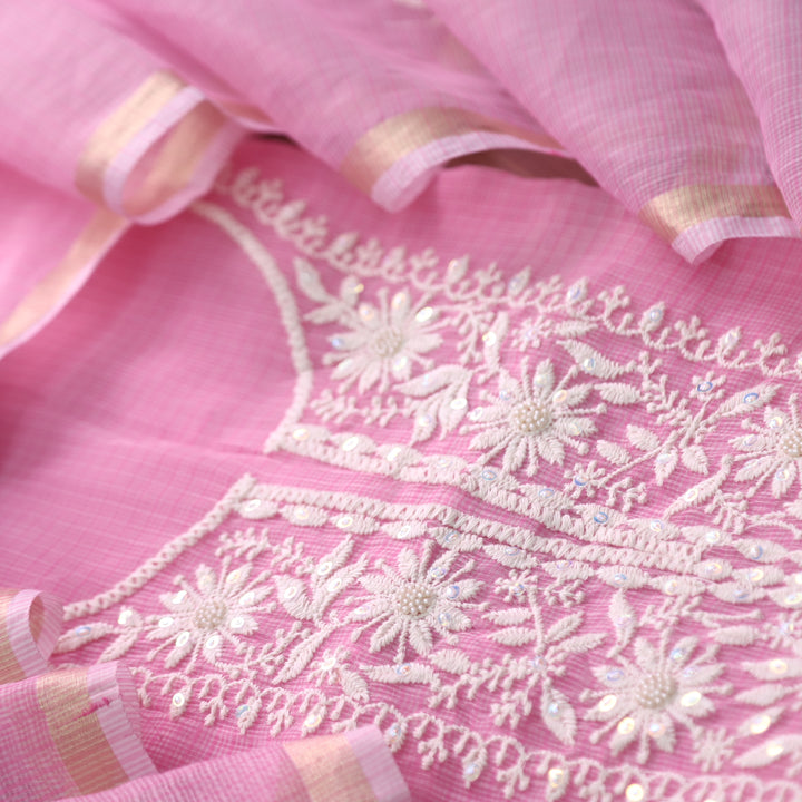 Raashi Flamingo Pink Moti Work with Thread Neck Kota Doriya Suit Set D3