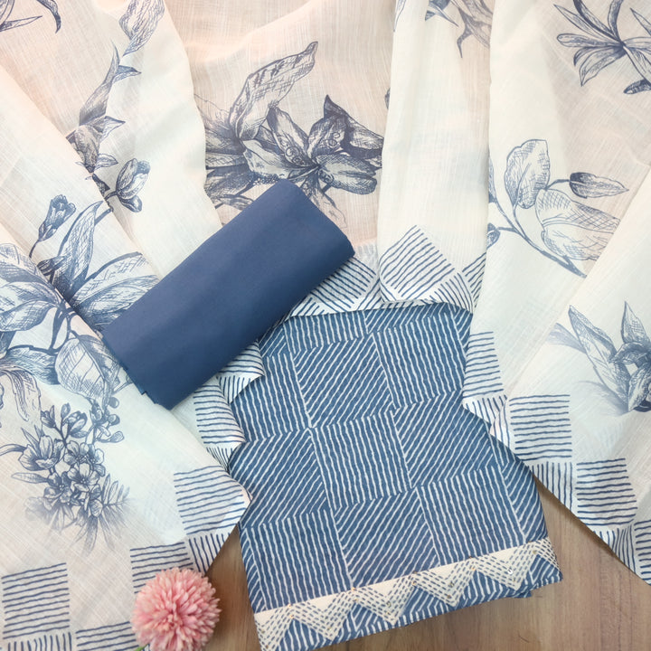 Rahi Indigo Blue Digital Print with Kantha Work Lace Hem Cotton Linen Set D1