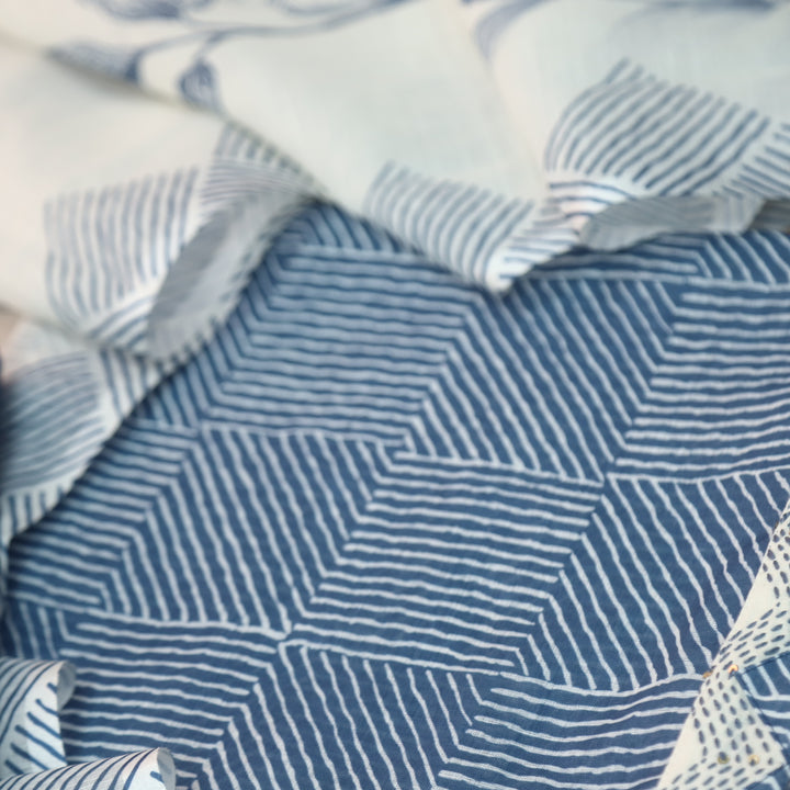 Rahi Indigo Blue Digital Print with Kantha Work Lace Hem Cotton Linen Set D1
