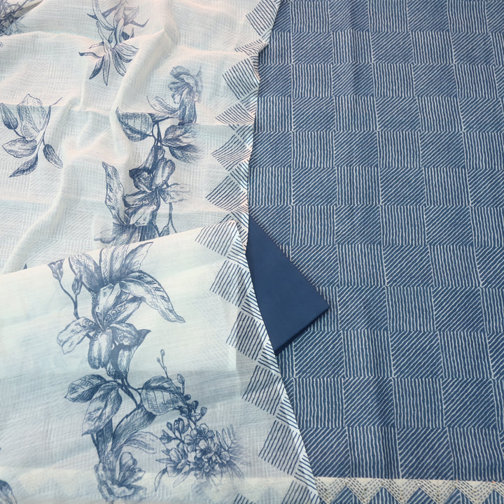 Rahi Indigo Blue Digital Print with Kantha Work Lace Hem Cotton Linen Set D1