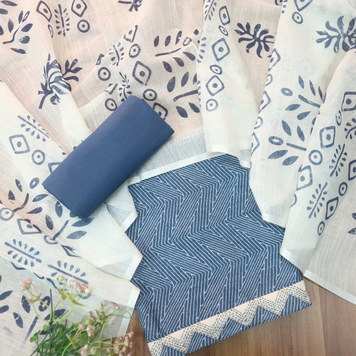 Rahi Indigo Blue Digital Print with Kantha Work Lace Hem Cotton Linen Set-D2