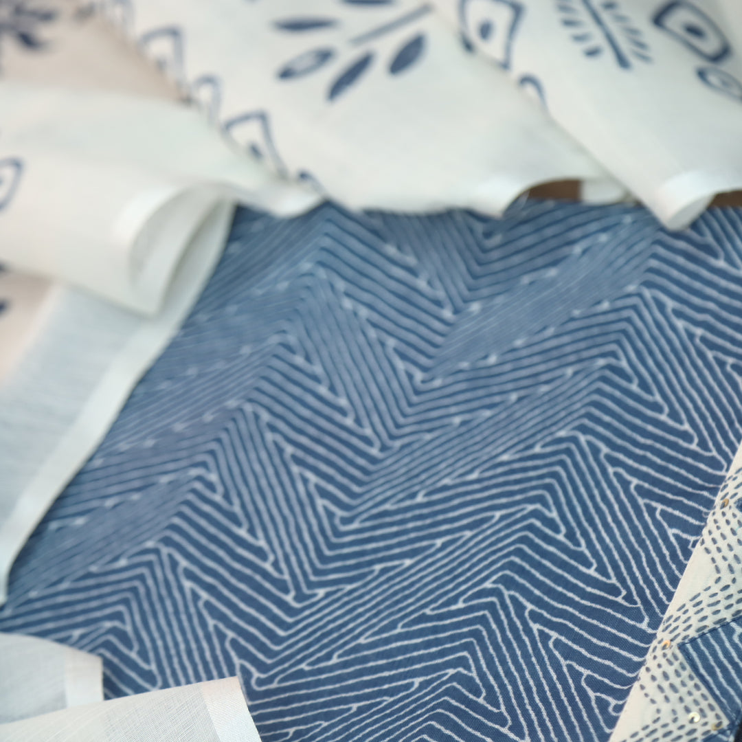 Rahi Indigo Blue Digital Print with Kantha Work Lace Hem Cotton Linen Set-D2