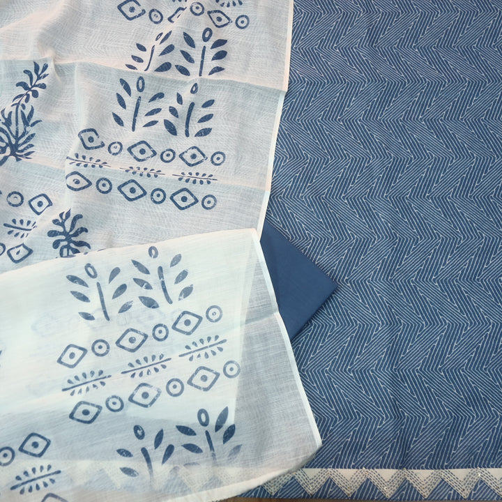 Rahi Indigo Blue Digital Print with Kantha Work Lace Hem Cotton Linen Set-D2