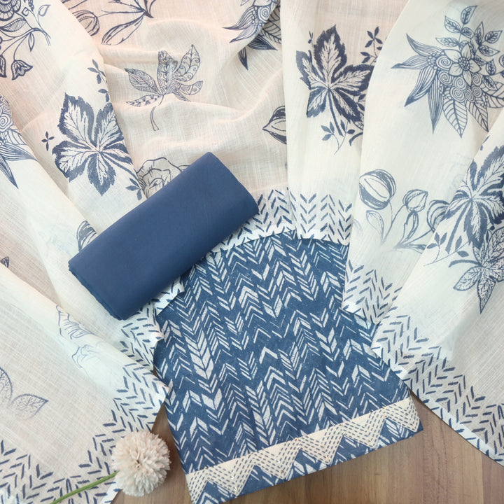 Rahi Indigo Blue Digital Print with Kantha Work Lace Hem Cotton Linen Set D3