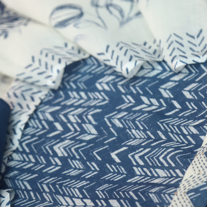 Rahi Indigo Blue Digital Print with Kantha Work Lace Hem Cotton Linen Set D3