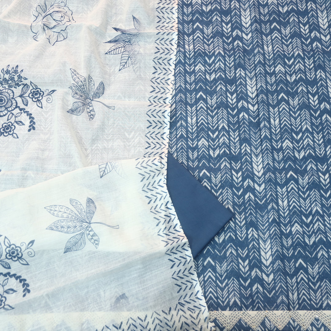 Rahi Indigo Blue Digital Print with Kantha Work Lace Hem Cotton Linen Set D3