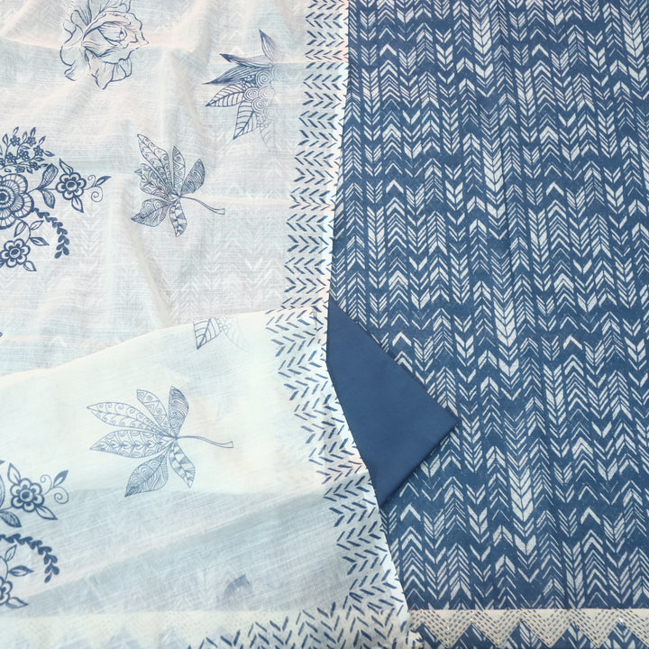 Rahi Indigo Blue Digital Print with Kantha Work Lace Hem Cotton Linen Set D3