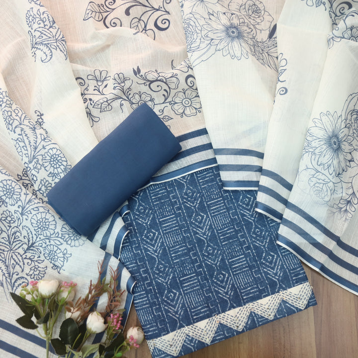 Rahi Indigo Blue Digital Print with Kantha Work Lace Hem Cotton Linen Set D4