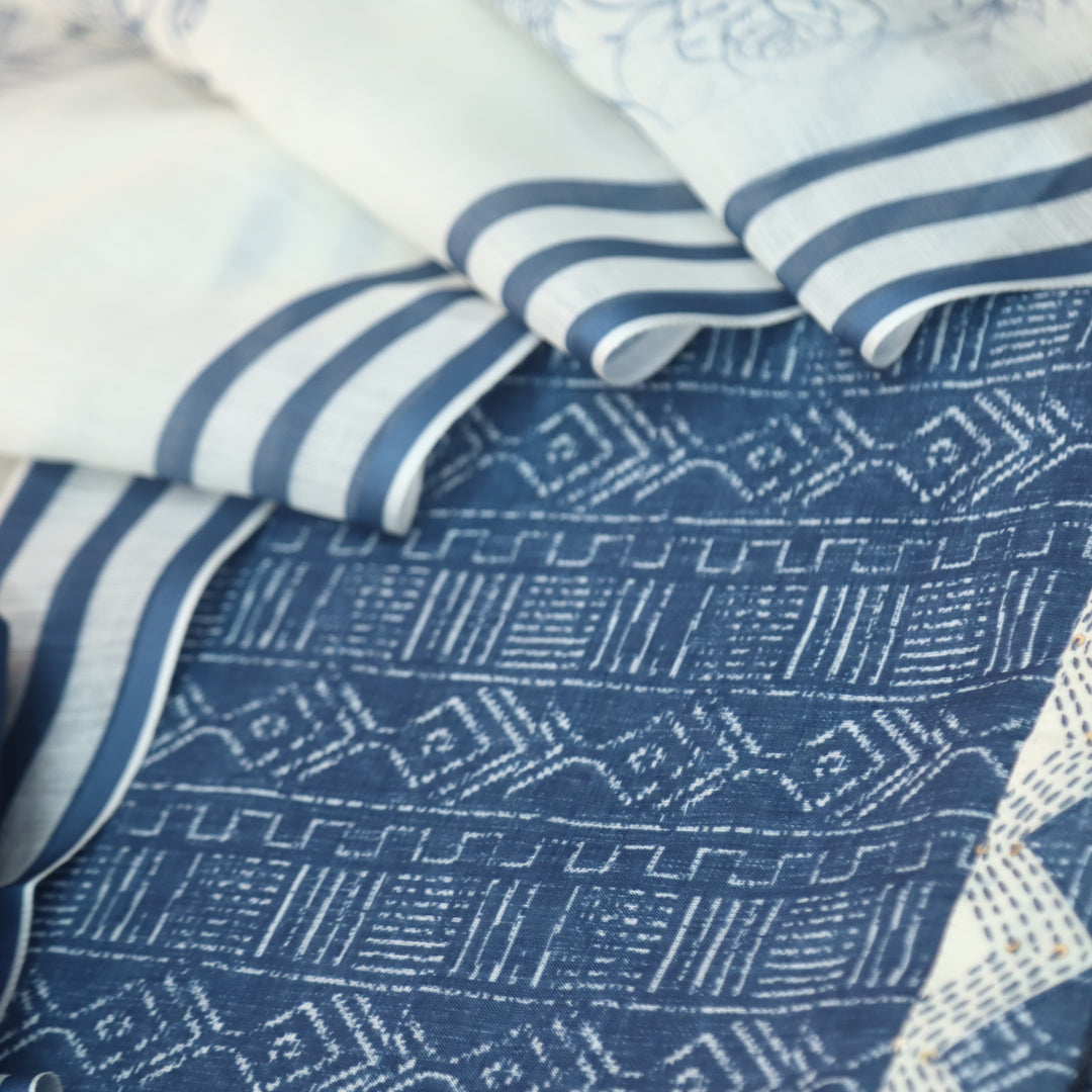Rahi Indigo Blue Digital Print with Kantha Work Lace Hem Cotton Linen Set D4