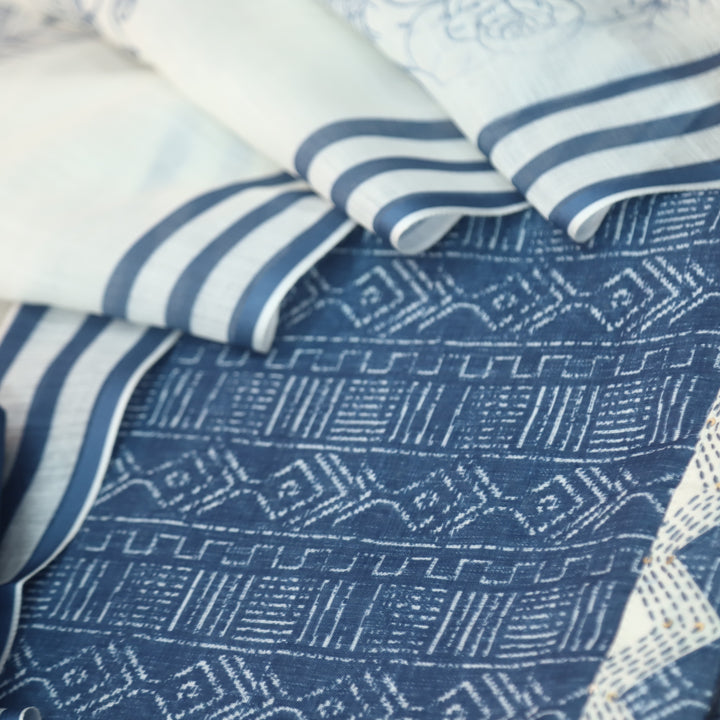 Rahi Indigo Blue Digital Print with Kantha Work Lace Hem Cotton Linen Set D4