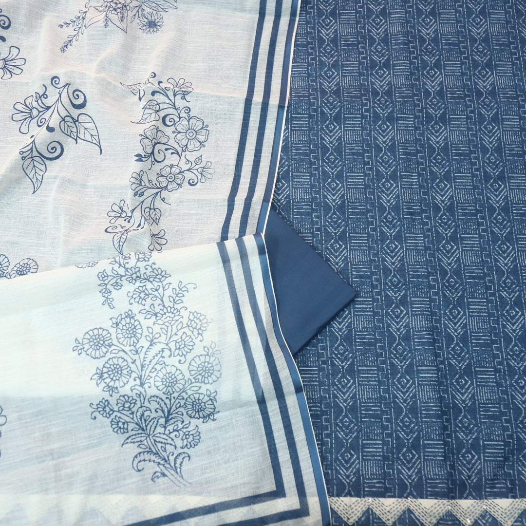 Rahi Indigo Blue Digital Print with Kantha Work Lace Hem Cotton Linen Set D4