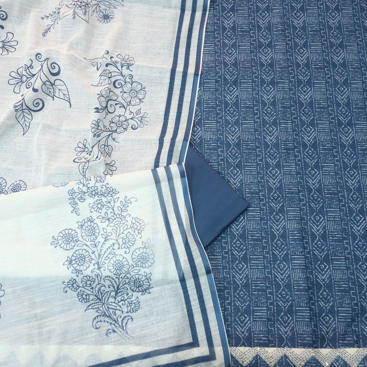 Rahi Indigo Blue Digital Print with Kantha Work Lace Hem Cotton Linen Set D4