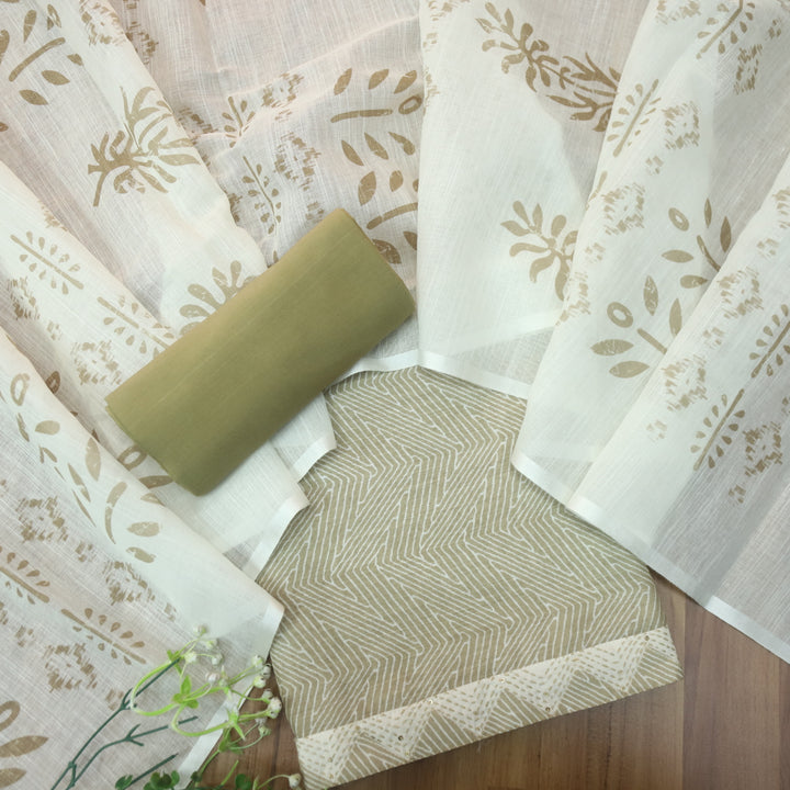 Rahi Butter Beige Digital Print with Kantha Work Lace Hem Cotton Linen Set-D3