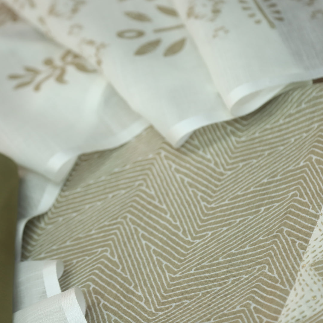 Rahi Butter Beige Digital Print with Kantha Work Lace Hem Cotton Linen Set-D3
