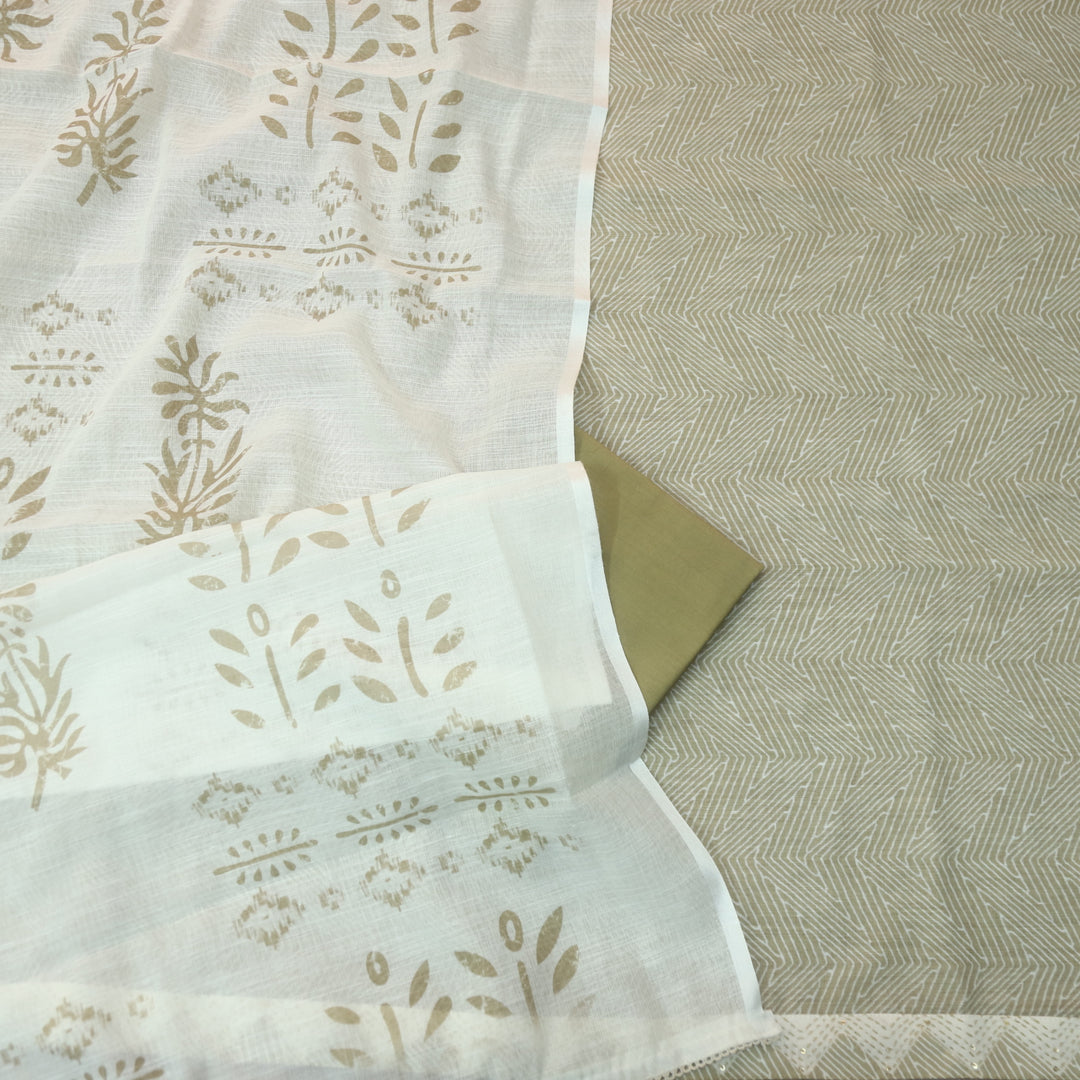 Rahi Butter Beige Digital Print with Kantha Work Lace Hem Cotton Linen Set-D3