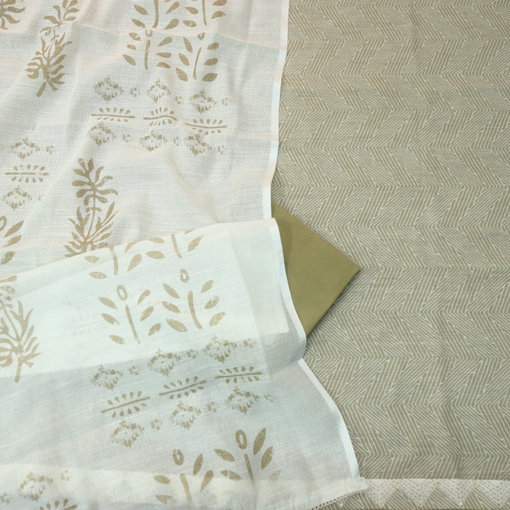 Rahi Butter Beige Digital Print with Kantha Work Lace Hem Cotton Linen Set-D3
