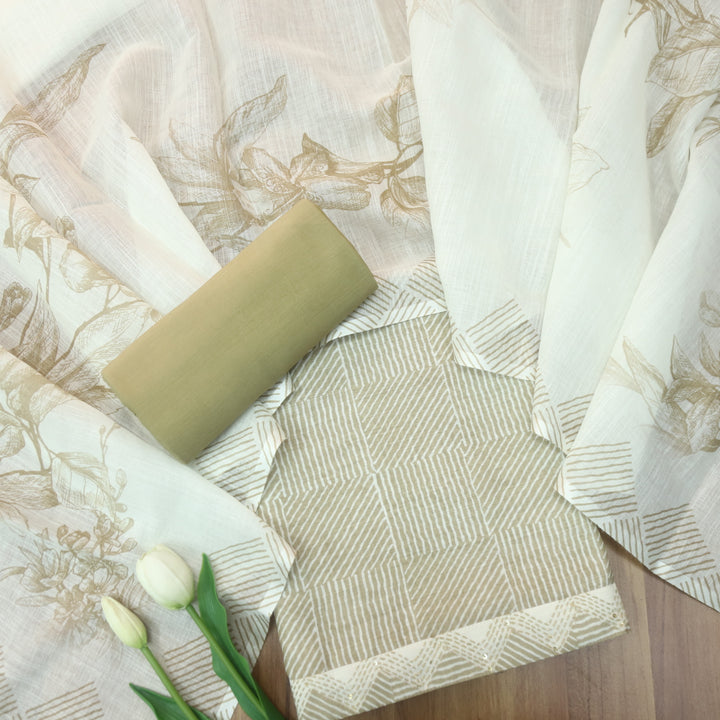 Rahi Butter Beige Digital Print with Kantha Work Lace Hem Cotton Linen Set D4