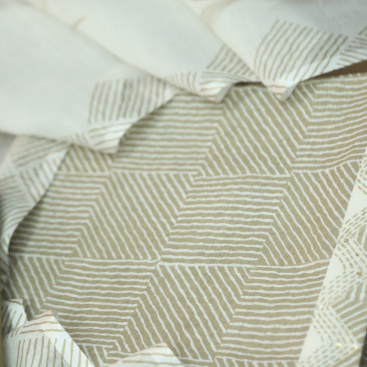 Rahi Butter Beige Digital Print with Kantha Work Lace Hem Cotton Linen Set D4