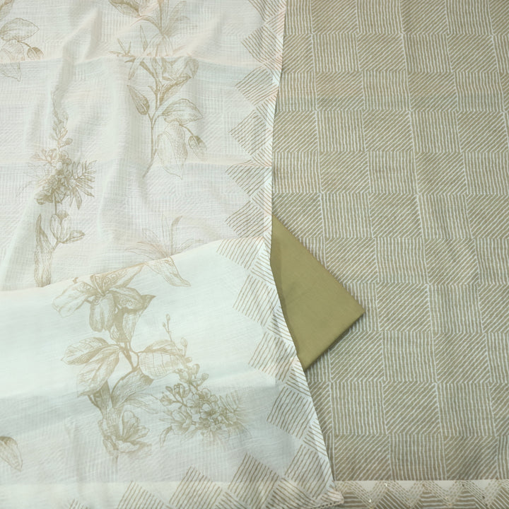 Rahi Butter Beige Digital Print with Kantha Work Lace Hem Cotton Linen Set D4