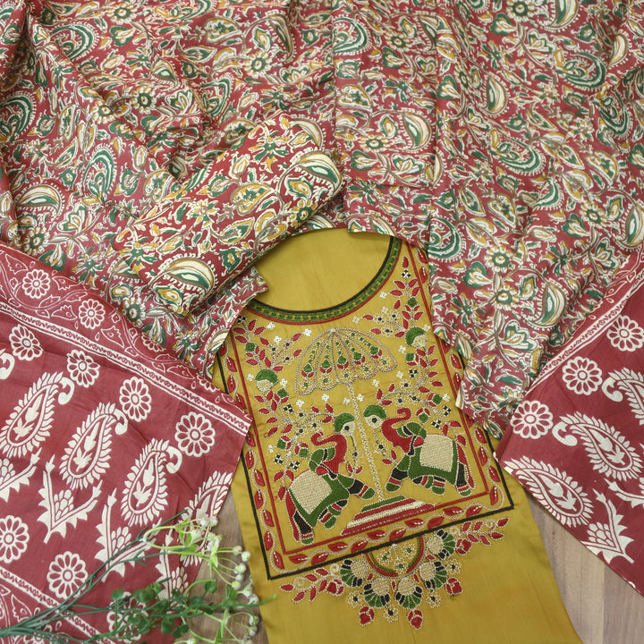 Deewani Dijon Yellow Thread Embroidered Neck Work Jam Cotton Satin Suit Set