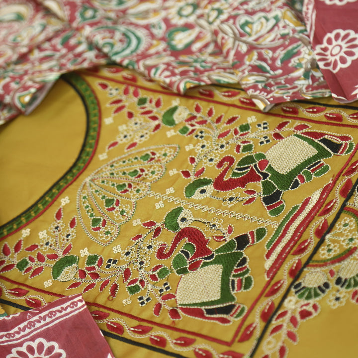 Deewani Dijon Yellow Thread Embroidered Neck Work Jam Cotton Satin Suit Set