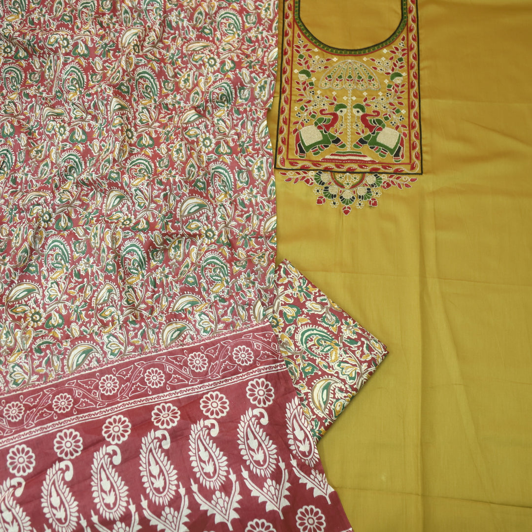 Deewani Dijon Yellow Thread Embroidered Neck Work Jam Cotton Satin Suit Set