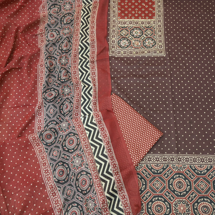 Naaz Choco Brown Ajrak Print Patch with Kardana Work Polka Dot Print Cotton Set