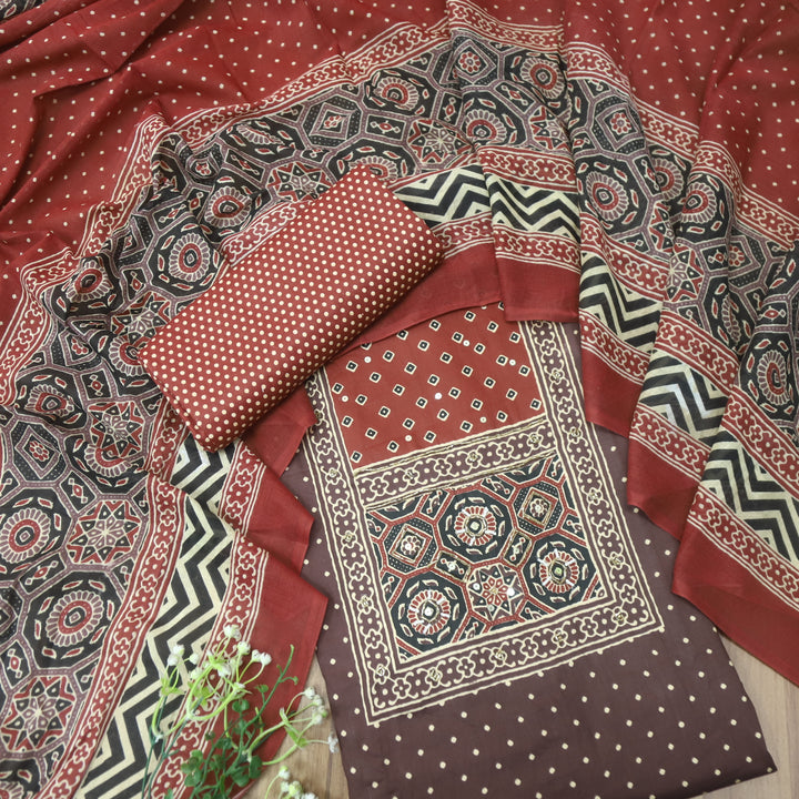 Naaz Choco Brown Ajrak Print Patch with Kardana Work Polka Dot Print Cotton Set