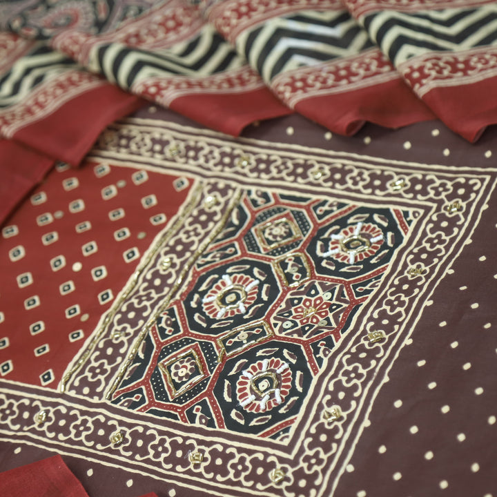 Naaz Choco Brown Ajrak Print Patch with Kardana Work Polka Dot Print Cotton Set