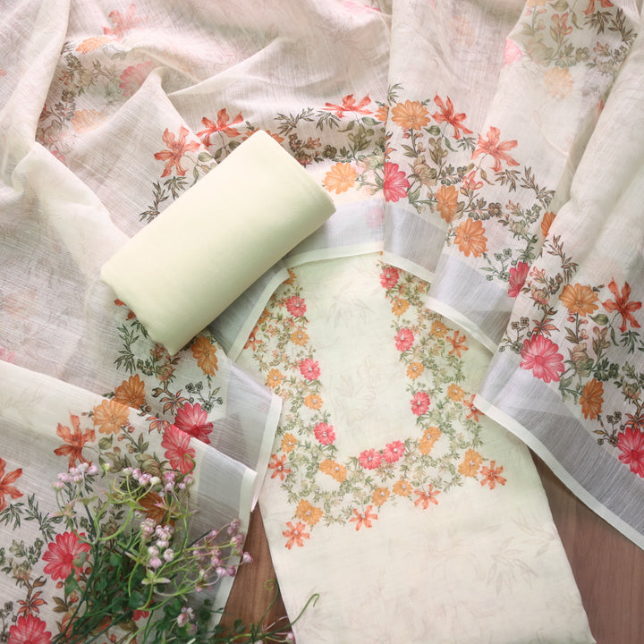 Beliya Buttermilk White Moti woth Spiral Detailing Floral Printed Cotton Linen Suit Set