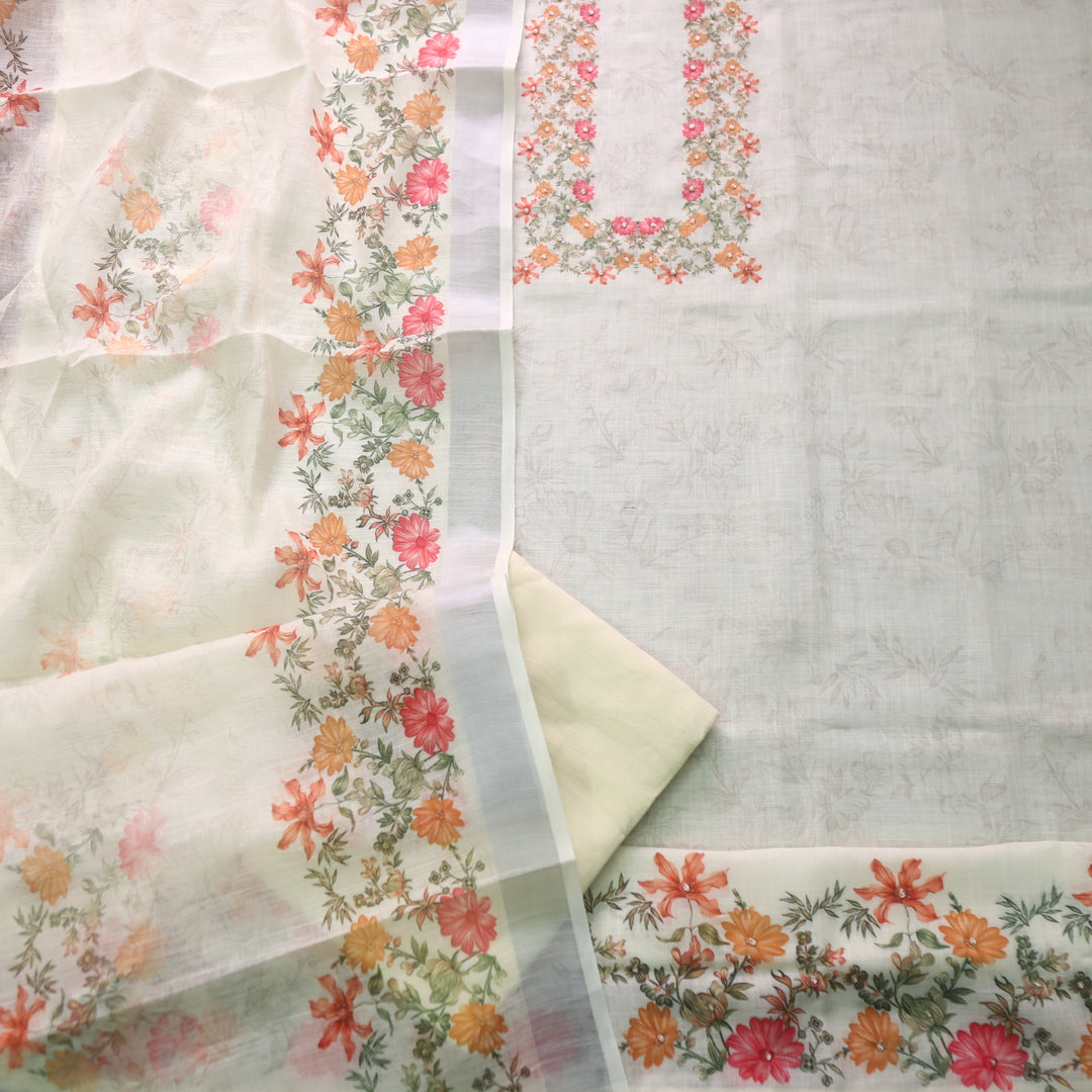 Beliya Buttermilk White Moti woth Spiral Detailing Floral Printed Cotton Linen Suit Set
