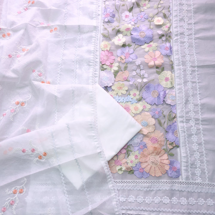 Pankhudi Pearl White All Over Floral Patched Work Neck Kota Doriya Set
