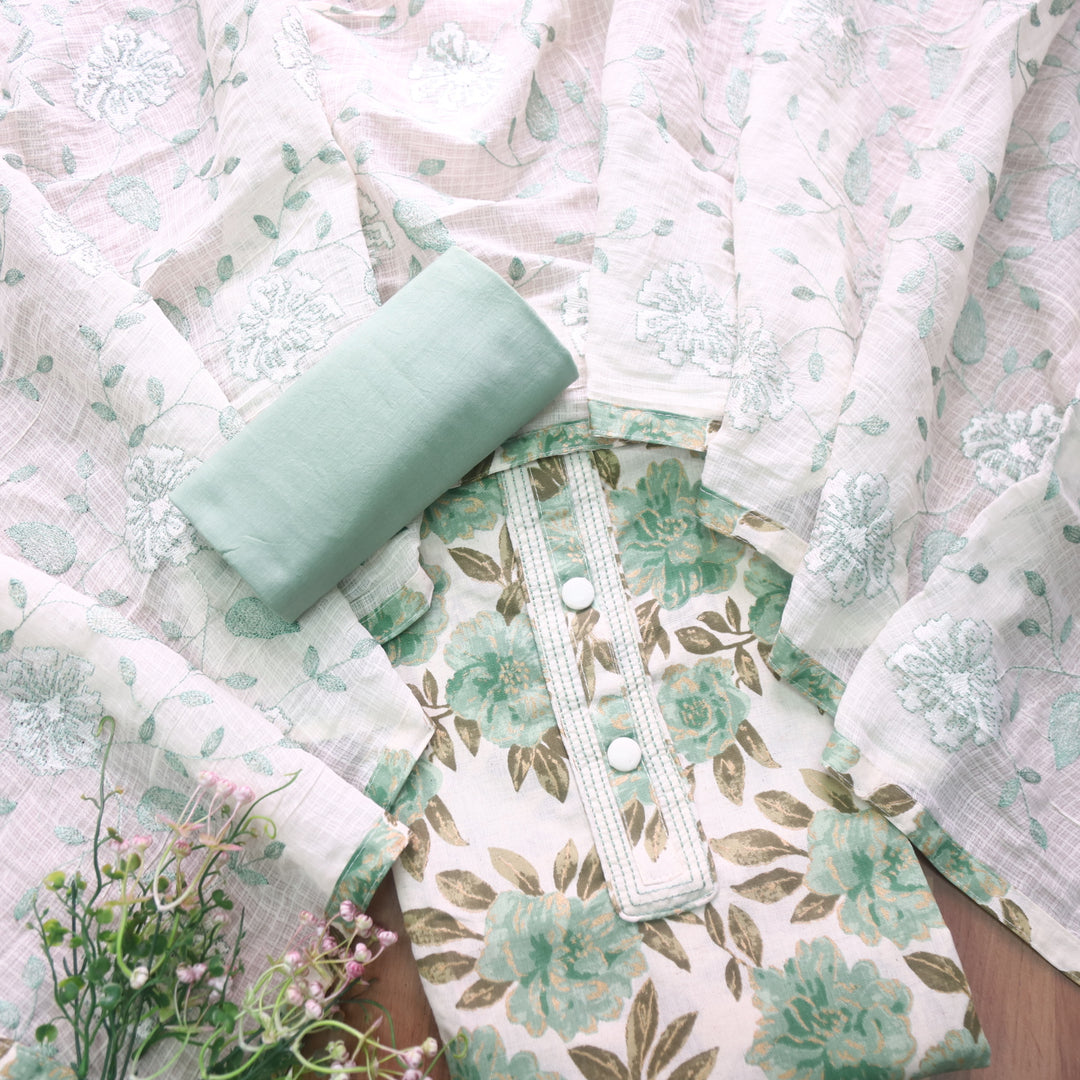 Fanaa Sage Green Button Work Patch on Foil Work Floral Printed Cotton Set