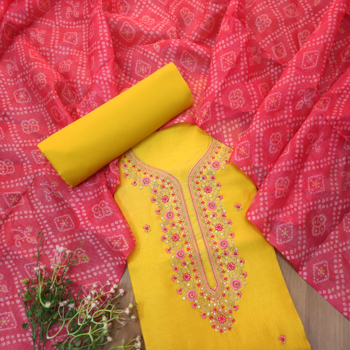 Roheen Bright Yellow Zari Embellished Neck with Thread Buti Chanderi Suit Set