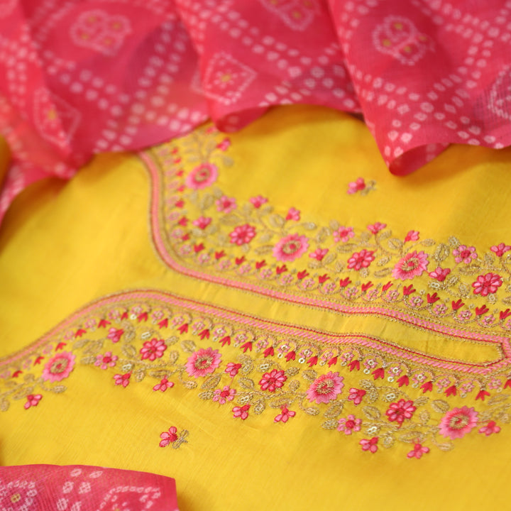 Roheen Bright Yellow Zari Embellished Neck with Thread Buti Chanderi Suit Set